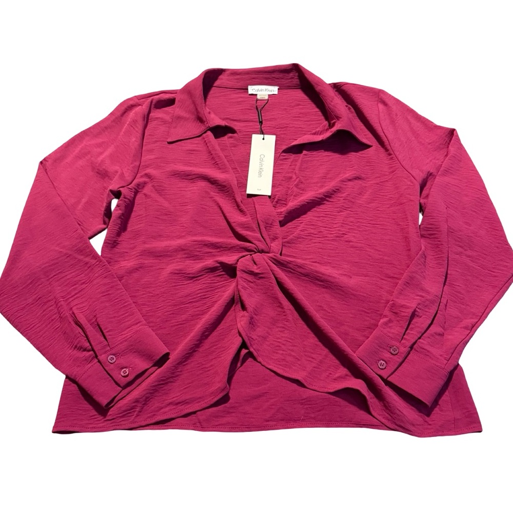 Calvin Klein Twist Front Blouse Long Sleeve Pink Size L NWT Office - Picture 1 of 8